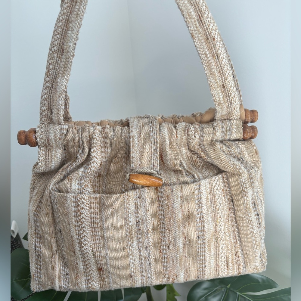 Vintage Handmade‎ Tweed Wool Wood Tote Shoulder Bag